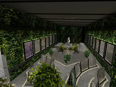 Indoor Art Gallery Space With Green Plant Walls Display Frames Circular Stands And Sculpture 3d model