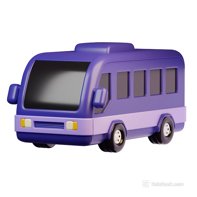 Purple Cartoon Style Toy Bus With Black Windows And Yellow Headlights 3d model 