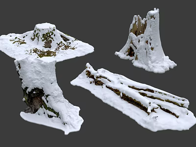 Snow Covered Stone And Wood Stumps With Natural Winter Texture Details 3d model