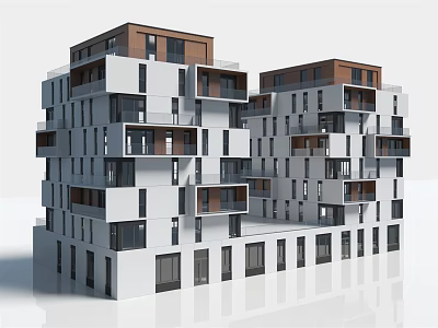 Modern Apartment Building Exterior With White And Brown Facade Balconies And Windows 3d model