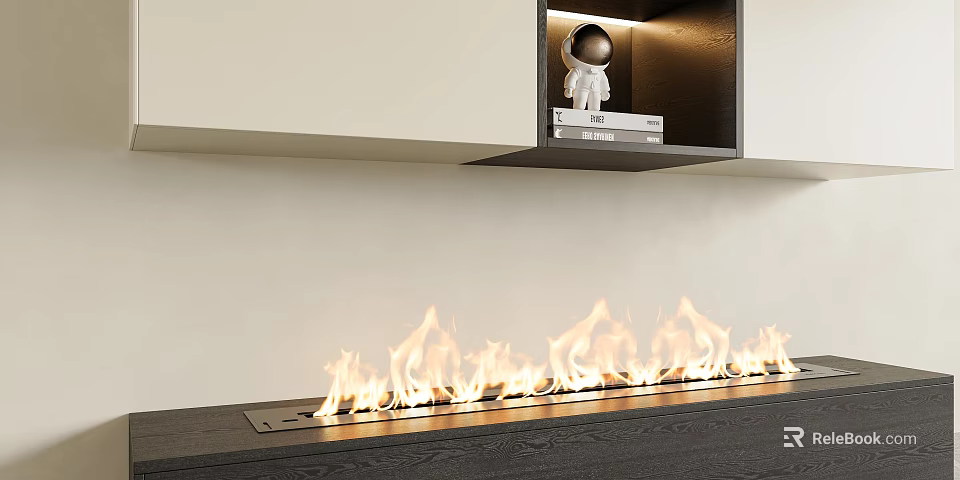 Modern Linear Fireplace with Bright Burning Flames and Decorative Shelf Above 3d model 
