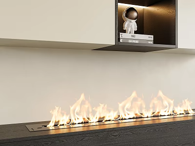 Modern Linear Fireplace with Bright Burning Flames and Decorative Shelf Above 3d model