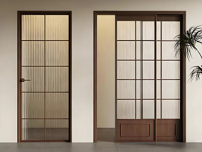Brown Frame Sliding Doors With Glass Grid And Vertical Stripes Open Closed Interior 3d model