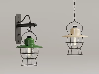 Vintage Green And Beige Pendant Lamps With Metal Wire Cages 3d model