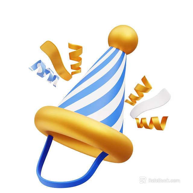 Blue And White Striped Party Hat With Golden Top And Colorful Streamers 3d model 