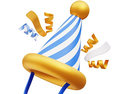 Blue And White Striped Party Hat With Golden Top And Colorful Streamers 3d model