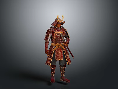 Traditional Samurai Armor Sculpture with Intricate Red Gold Details and Sword 3d model