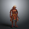Traditional Samurai Armor Sculpture with Intricate Red Gold Details and Sword