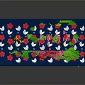 Pink Meat Slices on Green Leaves Blue Tray with Red White Flowers and Yellow Circle