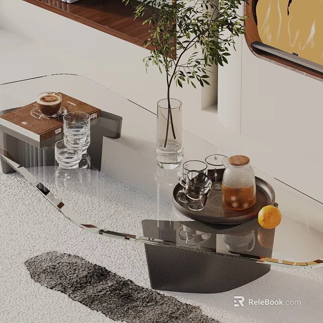 Modern Sofa and Coffee Table Set With Glass Top Tray Cups Kettle Lemon and Plant 3d model 