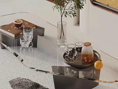 Modern Sofa and Coffee Table Set With Glass Top Tray Cups Kettle Lemon and Plant 3d model