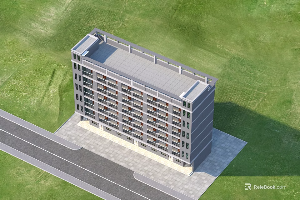 Modern Multi Storey Industrial Factory Building With Flat Roof Green Grass And Road 3d model 