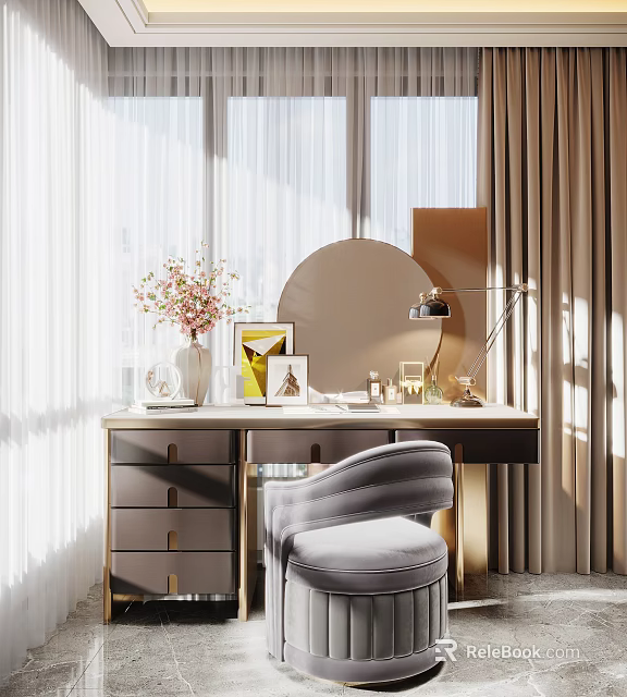 Elegant Dressing Table With Round Mirror Vase Pink Flowers Table Lamp And Comfortable Chair 3d model 