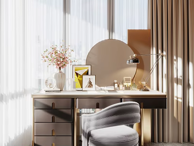 Elegant Dressing Table With Round Mirror Vase Pink Flowers Table Lamp And Comfortable Chair 3d model