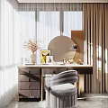 Elegant Dressing Table With Round Mirror Vase Pink Flowers Table Lamp And Comfortable Chair