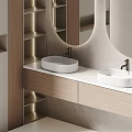 Modern Bathroom Vanity With Double Sinks Wooden Cabinet And Round Mirror