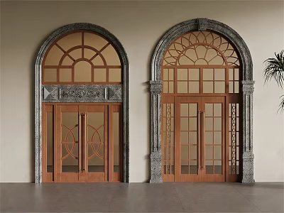 Elegant Double Doors With Glass Panels Stone Frames And Arched Tops 3d model