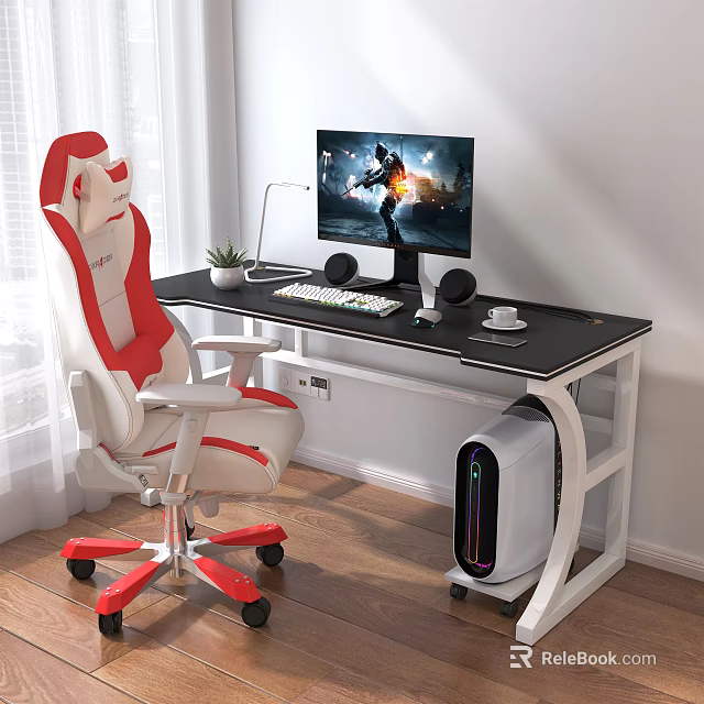 Gaming Desk With Red White Chair Monitor Game Scene Keyboard Mouse Headphones RGB PC Tower 3d model 