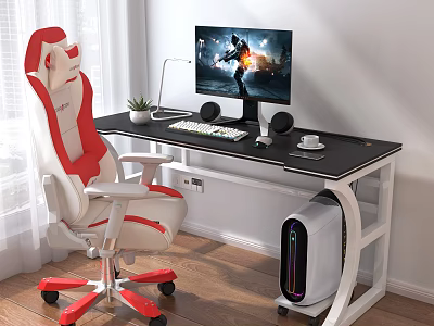 Gaming Desk With Red White Chair Monitor Game Scene Keyboard Mouse Headphones RGB PC Tower 3d model