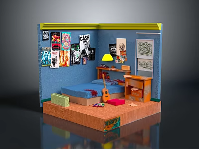 Stylish Bedroom Furniture Setup With Blue Bed Desk Yellow Lamp And Posters 3d model