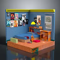 Stylish Bedroom Furniture Setup With Blue Bed Desk Yellow Lamp And Posters