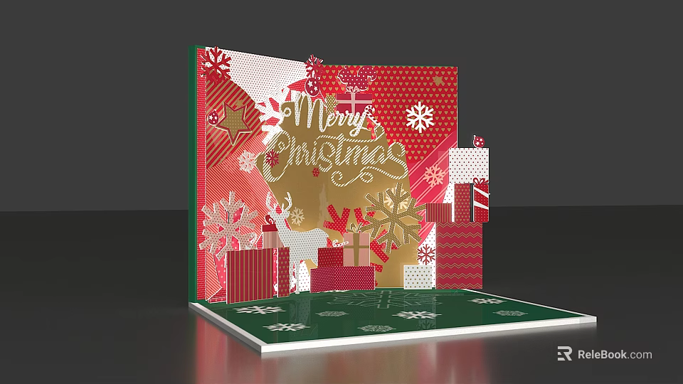 Festive Christmas Pop Up Card With Merry Christmas Text Gift Boxes And Snowflakes Design 3d model 