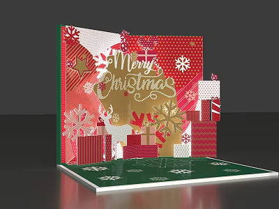 Festive Christmas Pop Up Card With Merry Christmas Text Gift Boxes And Snowflakes Design 3d model