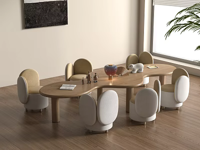 Kids Playroom Table With Comfortable Beige White Chairs Wooden Top In Wooden Floor Near Window 3d model