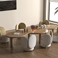 Kids Playroom Table With Comfortable Beige White Chairs Wooden Top In Wooden Floor Near Window
