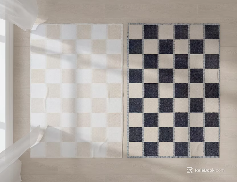 Cream White And Navy Blue Checkerboard Pattern Square Rugs On Light Colored Floor With Natural Light 3d model 