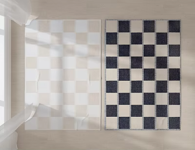 Cream White And Navy Blue Checkerboard Pattern Square Rugs On Light Colored Floor With Natural Light 3d model