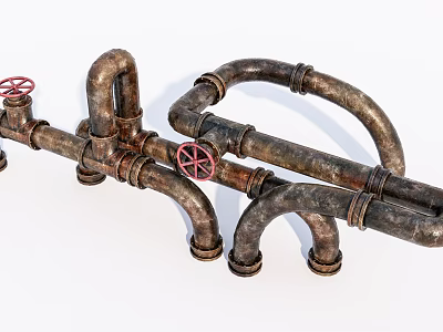 Rusty Industrial Pipes with Multiple Elbows Red Valves and Mechanical Design 3d model