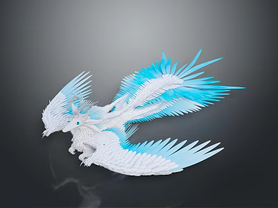 Blue and White Dragon 3D Sculpture With Spreading Wings And Reflection On Dark Background 3d model