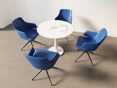 Four Modern Blue Leisure Chairs With Black Metal Legs Around White Round Table 3d model