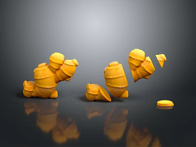 Broken Yellow Cylindrical Household Candles Scattered On Black Reflective Surface With Reflections 3d model