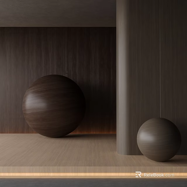 Wooden Spheres In Interior With Dark Wooden Wall Light Floor And Cylindrical Pillar 3d model 