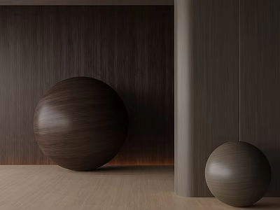 Wooden Spheres In Interior With Dark Wooden Wall Light Floor And Cylindrical Pillar 3d model