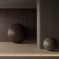 Wooden Spheres In Interior With Dark Wooden Wall Light Floor And Cylindrical Pillar