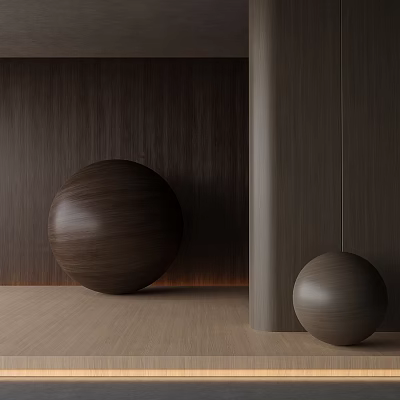Wooden Spheres In Interior With Dark Wooden Wall Light Floor And Cylindrical Pillar 3d model