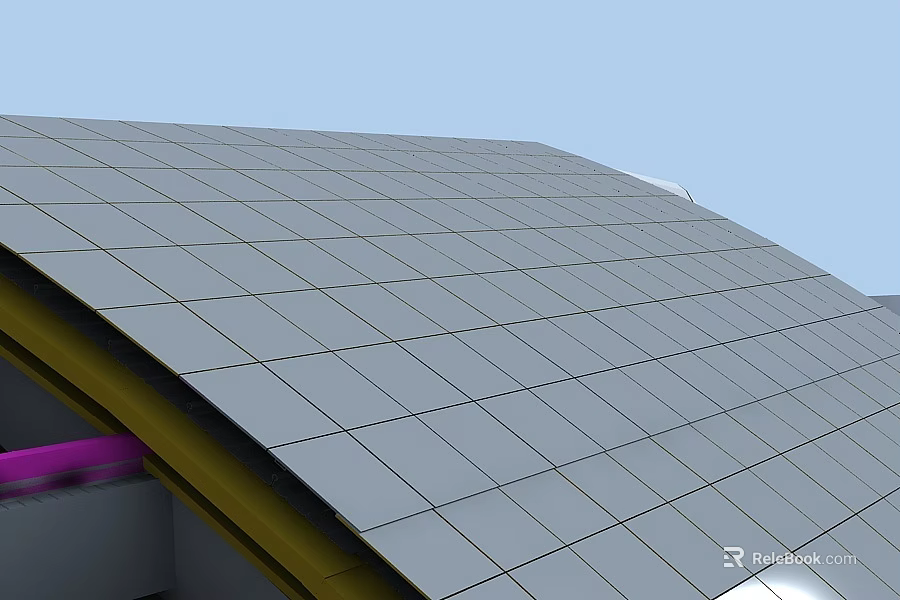 Modern Architectural Curved Roof Design With Gray Metal Panels And Yellow Edges 3d model 