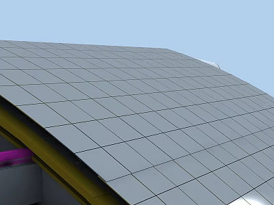 Modern Architectural Curved Roof Design With Gray Metal Panels And Yellow Edges 3d model