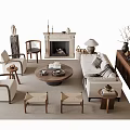 Cozy Living Room Sofa and Coffee Table Set with Fireplace Armchairs and Decorative Items