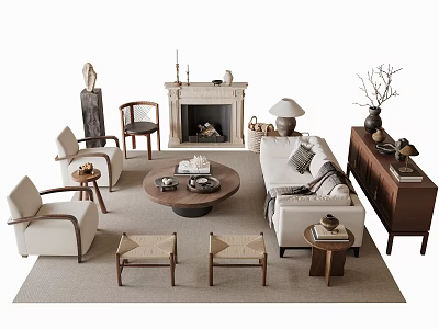 Cozy Living Room Sofa and Coffee Table Set with Fireplace Armchairs and Decorative Items 3d model