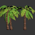 Three Green Leaf Palm Trees With Brown Textured Trunks On Dark Background 3d model