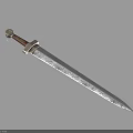 Ancient Forged Sword with Textured Blade Red Handle and Metal Hilt on Dark Background