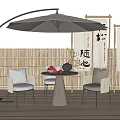Outdoor Table with Curved Parasol Chairs Bamboo Fence and Scroll Decorations