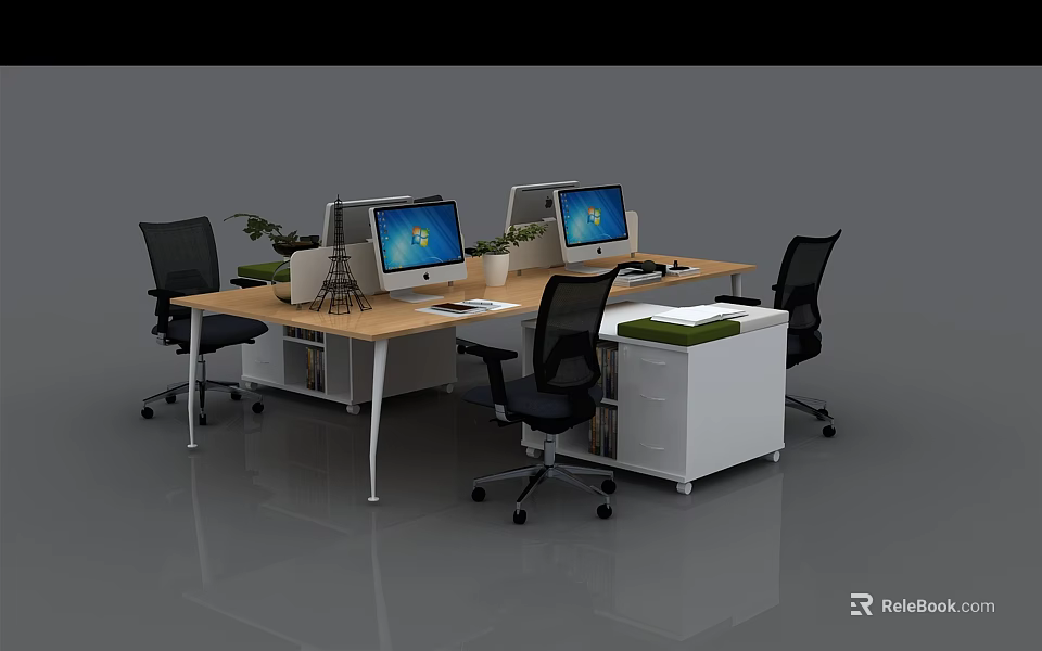 Modern Office Desk Setup With Two Computer Monitors Potted Plants And Black Chairs 3d model