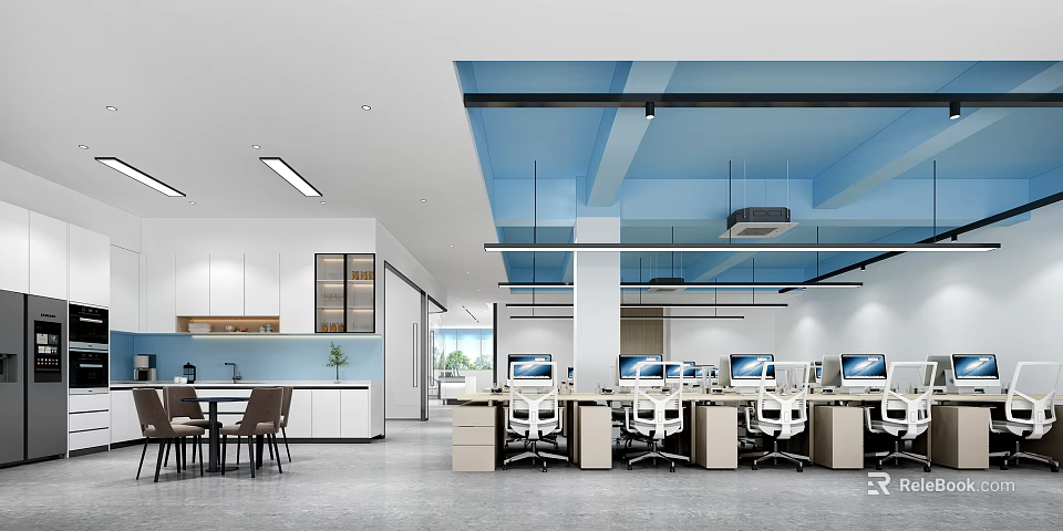 Modern Open Public Office Space Interior With Desks Computers Ergonomic Chairs And Blue Ceiling 3d model
