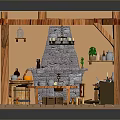Rustic Kitchen Interior Featuring Wooden Beams Stone Fireplace Hanging Pots And Barrels