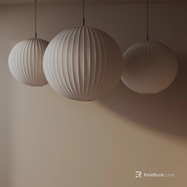 Three Round Beige Pleated Chandeliers Hanging On Light Colored Wall 3d model